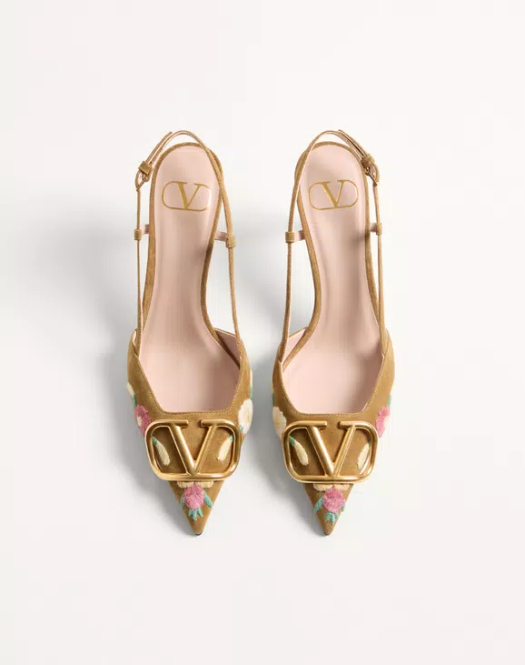 Valentino VLogo Signature Slingback Pump In Crust Leather With Floral Embroidery 80Mm - Image 5